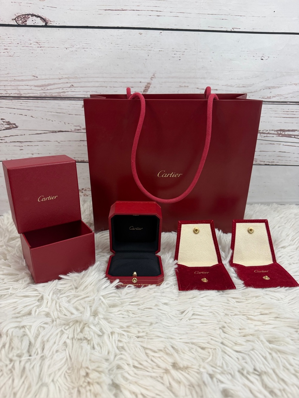 Authentic Cartier Gift Presentation Set Shopping Bag, Jewelry & Ring Box & Pouch
